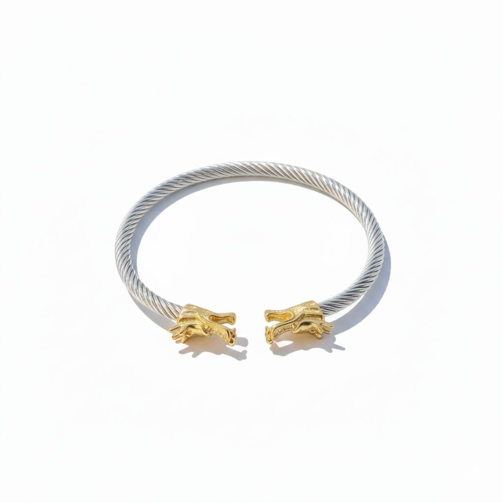 Dual Tone Steel Cable Cuff Bracelet with Gold Lion Heads