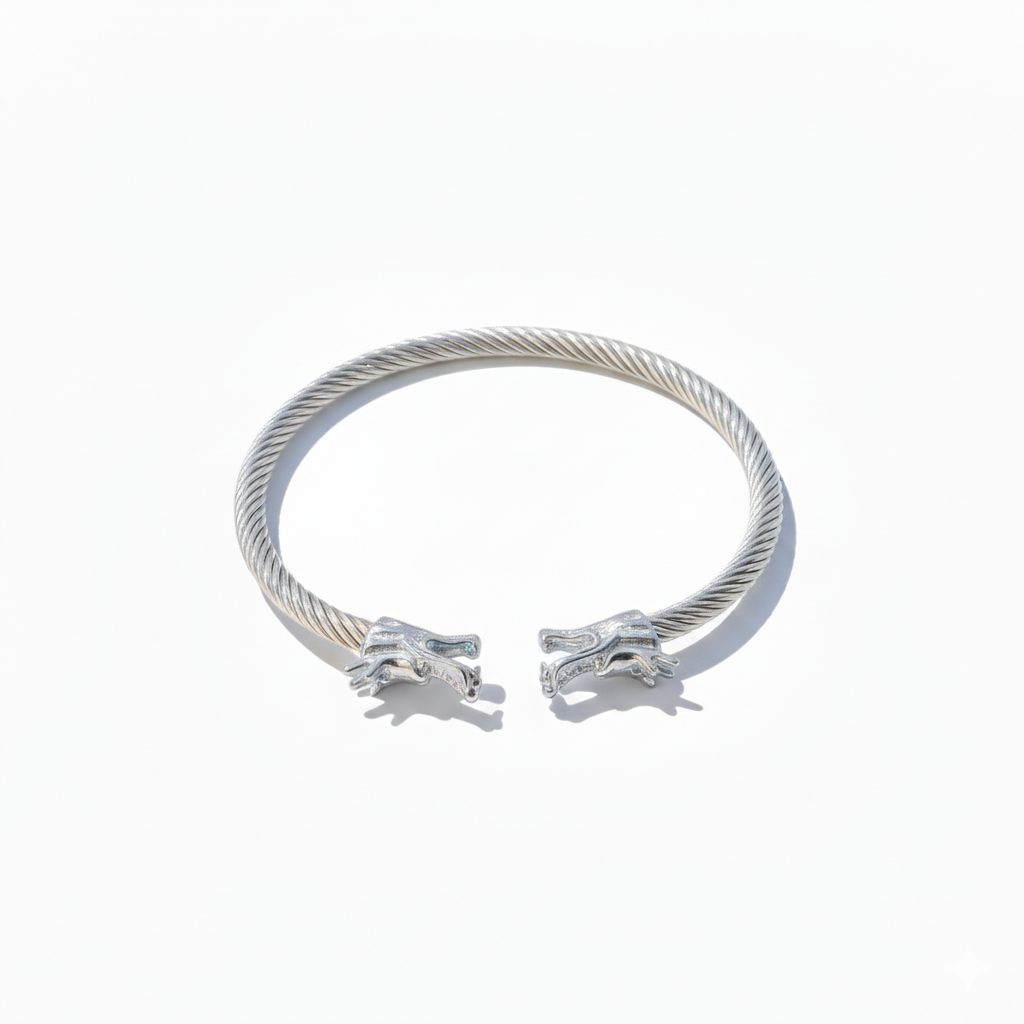 Dual Tone Steel Cable Cuff Bracelet with Gold Lion Heads