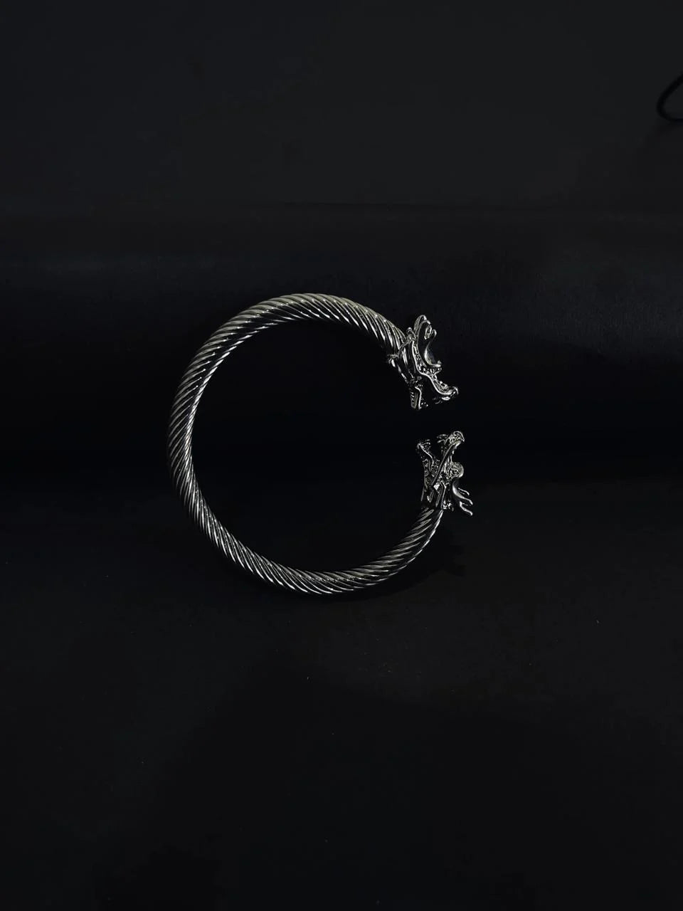 Dual Tone Steel Cable Cuff Bracelet with Gold Lion Heads