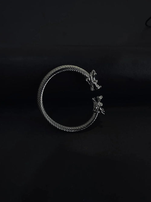 Dual Tone Steel Cable Cuff Bracelet with Gold Lion Heads